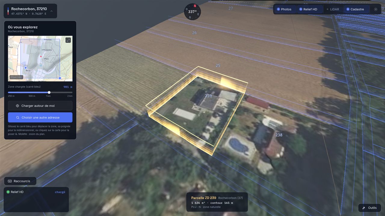 Parcelle cadastrale surlignée en 3D